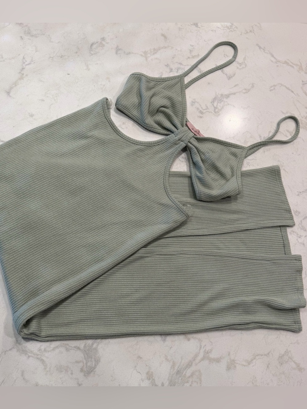 Ribbed Knit Sage Green Cutout Dress